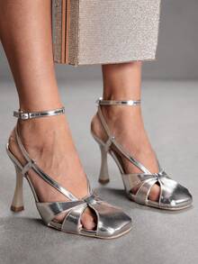 CUCCOO SZL Giày cao gót nữ thanh lịch, khóa cài màu bạc, thích hợp cho việc đi làm. - Bạc - Xem 6