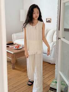 DAZY Tween Girl Solid Color Ruffle Collar Sleeveless Shirt And Long Pants Casual Outfit - Beige - View 1