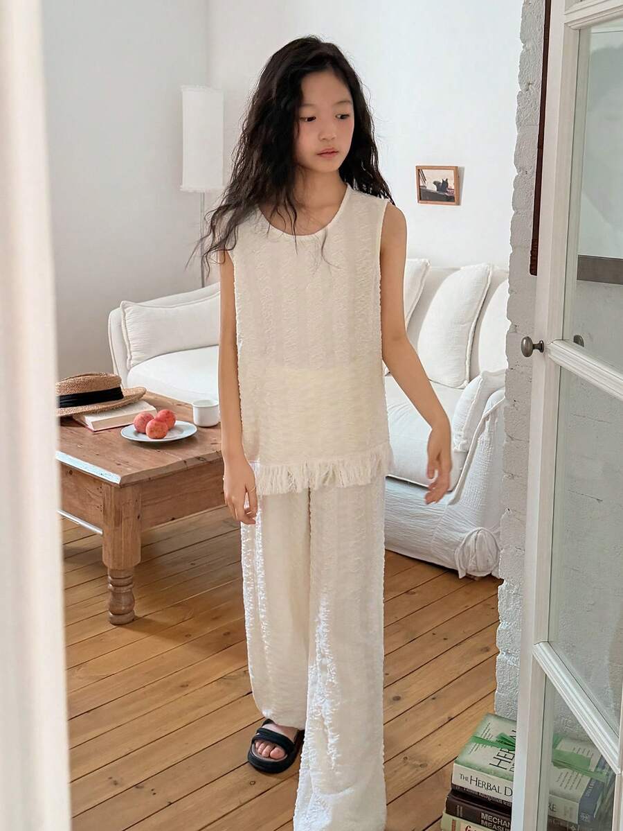 DAZY Tween Girl Solid Color Ruffle Collar Sleeveless Shirt And Long Pants Casual Outfit - Beige - View 1
