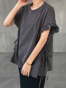 FRIFUL Women's Round Neck Ruffle Splice Loose Side Slit Criss-Cross Tie Solid Color Casual Short Sleeve T-Shirt - White - View 2