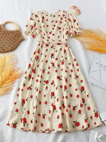 GlowEve CURVE Plus Size V-Neck Fresh Cherry Blossom Print Short Sleeve Tie Waist Elegant Spring/Summer Dress For Women - Multicolor - View 2