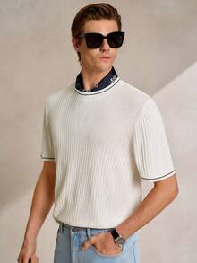 Manfinity CityGents Casual Knit Fabric Plain Ribbed Short Sleeve Men's Round Neck Top In Black And White - Black and White - View 4