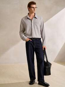 Manfinity CityGents Áo sơ mi nam dài tay phối sọc, có túi, kiểu dáng thường ngày, phù hợp cho đi làm, mùa xuân/thu. - Màu xám đen - Xem 3