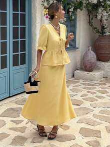 Livesso Spring/Summer Yellow Front Tie-Up Cardigan, Casual Beach Vacation Style With Ruffle Hem Patchwork Short Sleeve Top And A-Line Skirt 2 Pieces Set, Elegant For Commuting - Yellow - View 5