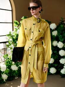 SHEIN Revavyn Women's Lightweight Trench Coat/Dress Made Of Glossy Nylon Fabric, Featuring A Stand-Up Collar, Wide Shoulders, Long Sleeves, A Full Row Of Buttons, And Cargo Pockets. Ideal For Everyday Wear And Commuting Valentine Outfits For Women Valentine's Day Vacation Outfits Women  Holiday Outfits For Women Casual Dresses For Women - Green - View 6
