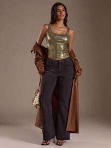 SHEIN Glamour Women's Shiny Fabric Streetwear Casual Sexy Fitted Camisole Tank Top, Suitable For Nightclub Party And Daily Wear Shimmer Top Clubbing Tops Gold Top Metallic Top Crop Top - Gold - View 5