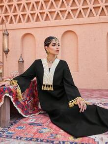 Al Najma Floral Patchwork Solid Color Fringe Cuff Black Long Cardigan - Black - View 5