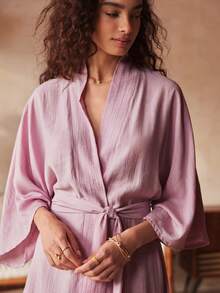 Lullawish 情人节波西米亚风宽松舒适亚麻长袍（女士款） - 藕粉色 - 查看 4