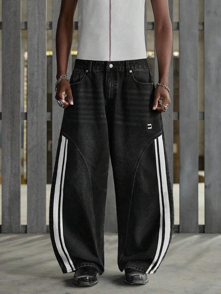 NEON BLANC Men's Pocketed Wide Leg Loose Casual Washed Denim Jeans