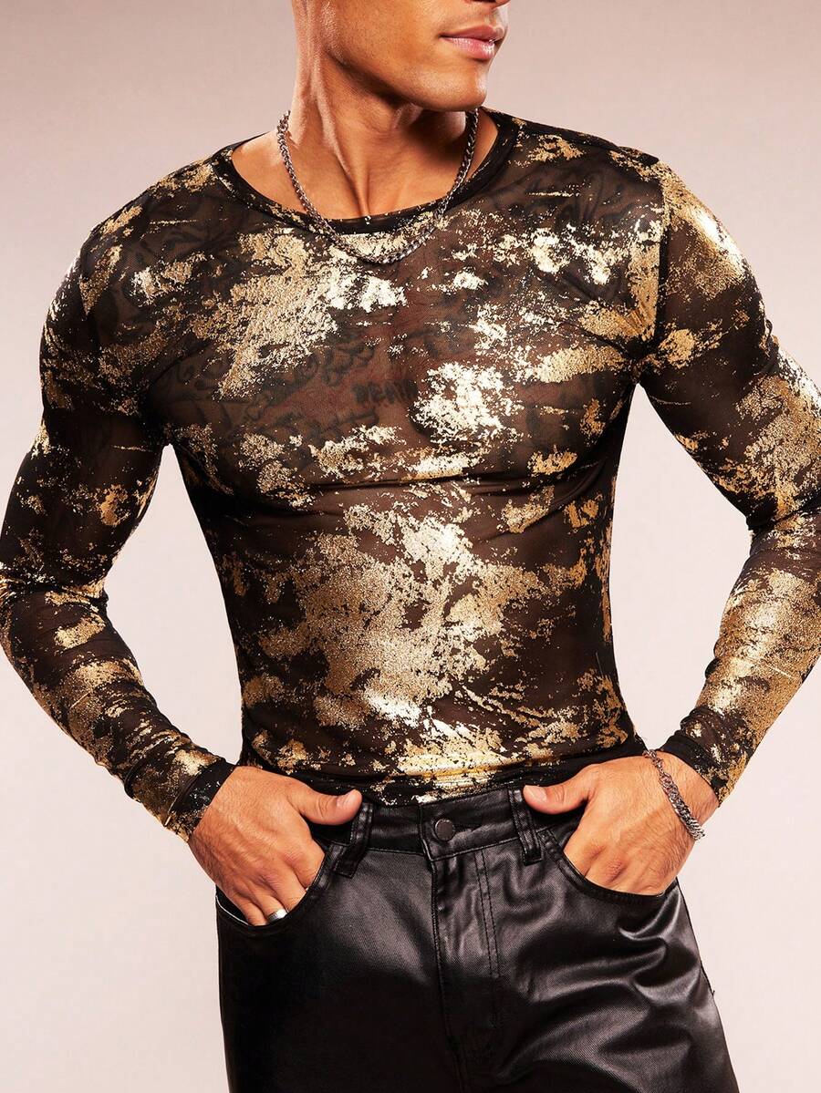 FeverCity Men's Crew Neck Straight Shoulder Long Sleeve Slim Fit Fashionable T-Shirt