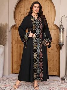 Al Najma Plus Size New Colorblock Patchwork Design Embroidery Cinched Elegant Dress - Multicolor - View 3