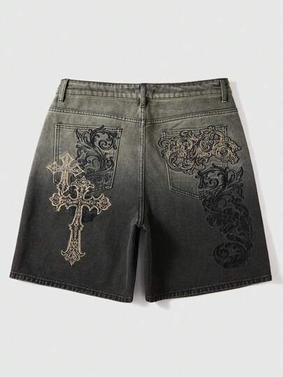 ROMWE MEN Goth Pantalones cortos de mezclilla lavados con gradiente, bordado de cruz y flores, de moda casual de verano para hombres