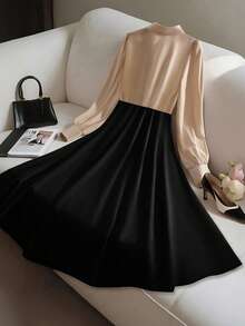 GlowEve 女士撞色拼接设计A字腰身优雅日常通勤时尚法式街头复古百搭假日商务长袖衬衫裙，秋冬款 - 彩色 - 查看 2