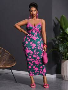 Veslaya 春夏新款优雅派对/约会/聚会/嘉年华/生日派对/婚礼/毕业季/舞会/音乐节/闺蜜之夜/约会之夜连衣裙，浪漫性感修身，吊带低领，蕾丝拼接，印花针织弹力面料，女士加大码中长连衣裙 - B，夏季连衣裙 - 彩色 - 查看 10