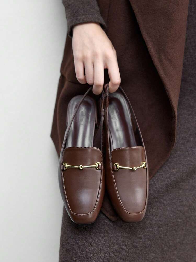 CUCCOO BIZCHIC Women's Square Toe Flat Low Heel Black British Style Comfortable Commute Versatile Backless Mule Flats Spring Shoes