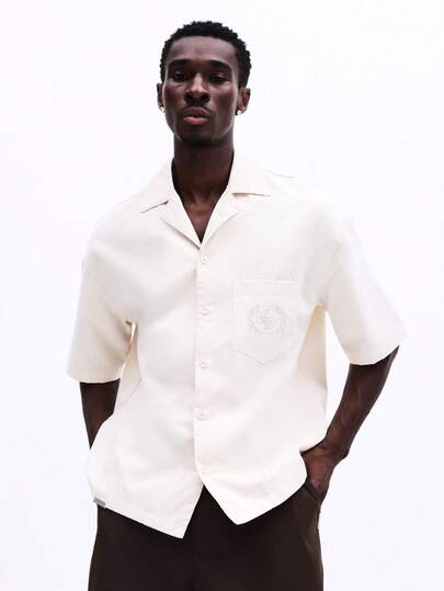 SUMWON Relaxed Fit Revere Collar Short Sleeve Button Up Shirt With Tonal Graphics Chest Pocket Summer Casual Top