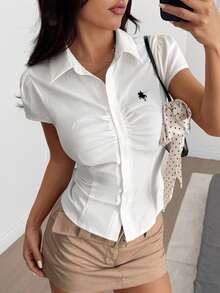 SHEIN EZwear Áo sơ mi tay phồng màu trắng dệt kim đa năng, kiểu dáng thường ngày, in logo hình ngựa nhỏ, mẫu mới năm 2026, phù hợp cho mùa xuân/hè. - trắng - Xem 3