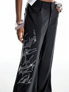 LYSMO 女士休闲日常条纹水钻装饰阔腿裤 - 深灰色 - 查看 7