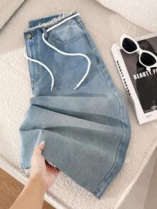 Comfortcana Quần jeans ống rộng có túi, gấu quần rách, thích hợp cho nữ mùa hè, xuân, đi biển, nghỉ mát, phong cách Y2K. Quần denim ống rộng dáng rộng thời trang với gấu quần rách và dây rút ở eo, màu xanh nhạt. - Rửa trung bình - Xem 3