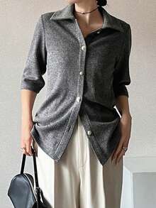 Women's Casual, Everyday, Workwear Minimalist Solid Color Single-Breasted Cardigan T-Shirt, Summer - Grey - View 7