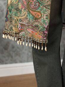 ROMWE Cardigan lungo bohémien oversize in stile retrò hippie con stampa paisley, frange e perline di legno trasparenti, adatto per festival musicali - Multicolore - Visualizzare 6