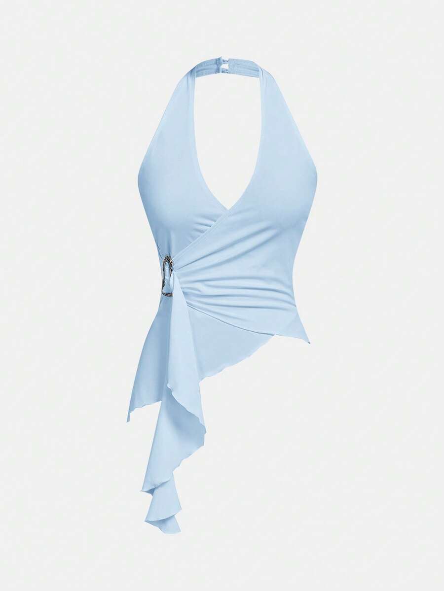 SHEIN MOD Áo tank top dáng ôm, vạt lệch, thắt nơ kim loại, khóa cài cổ, kiểu dáng thường ngày. - Màu xanh nhạt - Xem 1