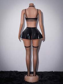 6pcs/Set Women's Punk Style Sexy PU Leather Studded Halter Dress Suit With Fishnet Stockings - Black - View 2