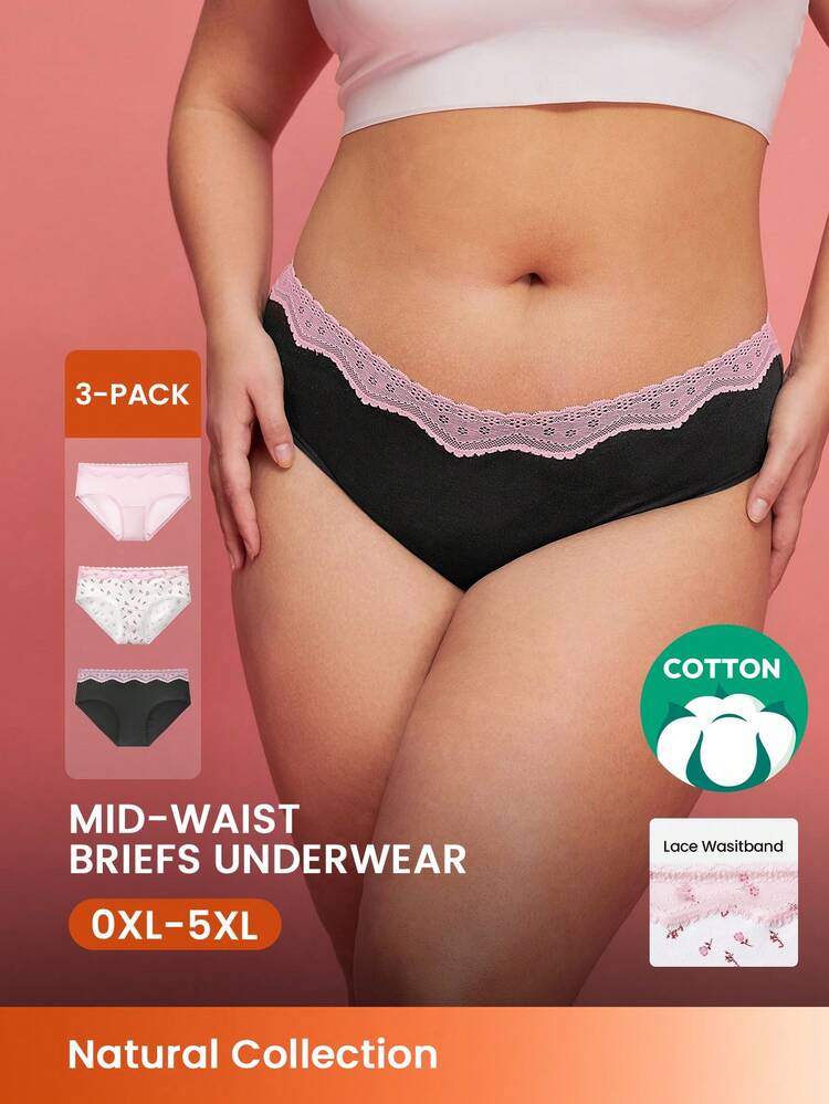 Plus 3-Pack Soft Cotton Basic Floral Print Lace Trim Mid-Waist Underwear Briefs