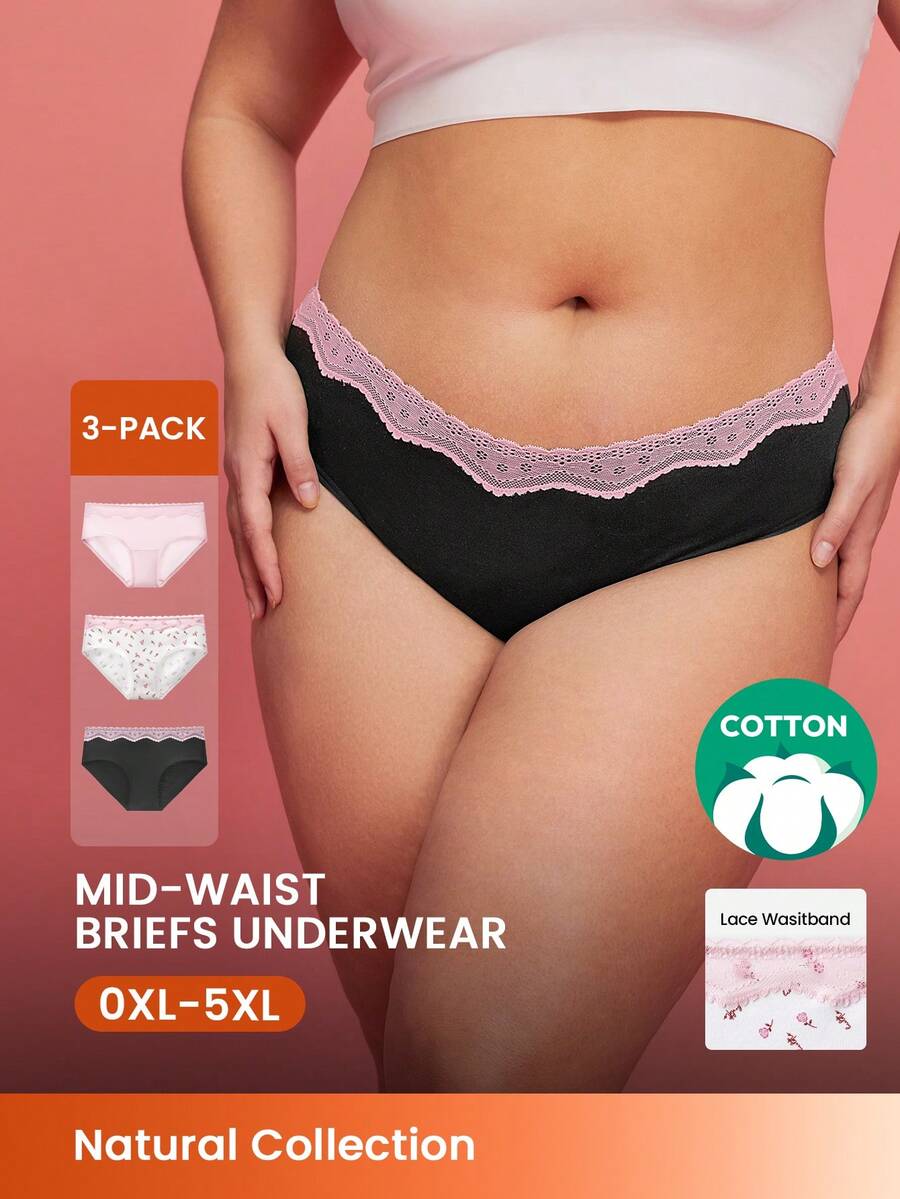 LUVLETTE 情人节特惠3条装柔软纯棉基础款花卉印花蕾丝边中腰内裤 - 彩色 - 查看 1