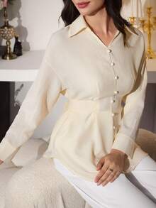 Modelyn Elegant Apricot Plain Long Sleeve Button Front Shirt With Flared Hem For Women Women's Spring/Summer Apricot Long Sleeve Faux Linen Bamboo Knot Tie Waist A-Line Elegant Blouse  Women's Plain Apricot Long Sleeve Blouse With Shirt Collar And Button Front Details Elegant Women's Apricot Blouse Long Sleeve Shirt Collar Button Front Flared Hem Top - Apricot - View 5