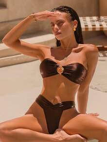Swim Chiccia Traje de baño de 2 piezas de unicolor para mujer, traje de bikini para vacaciones en la playa - Café integral - Ver 8