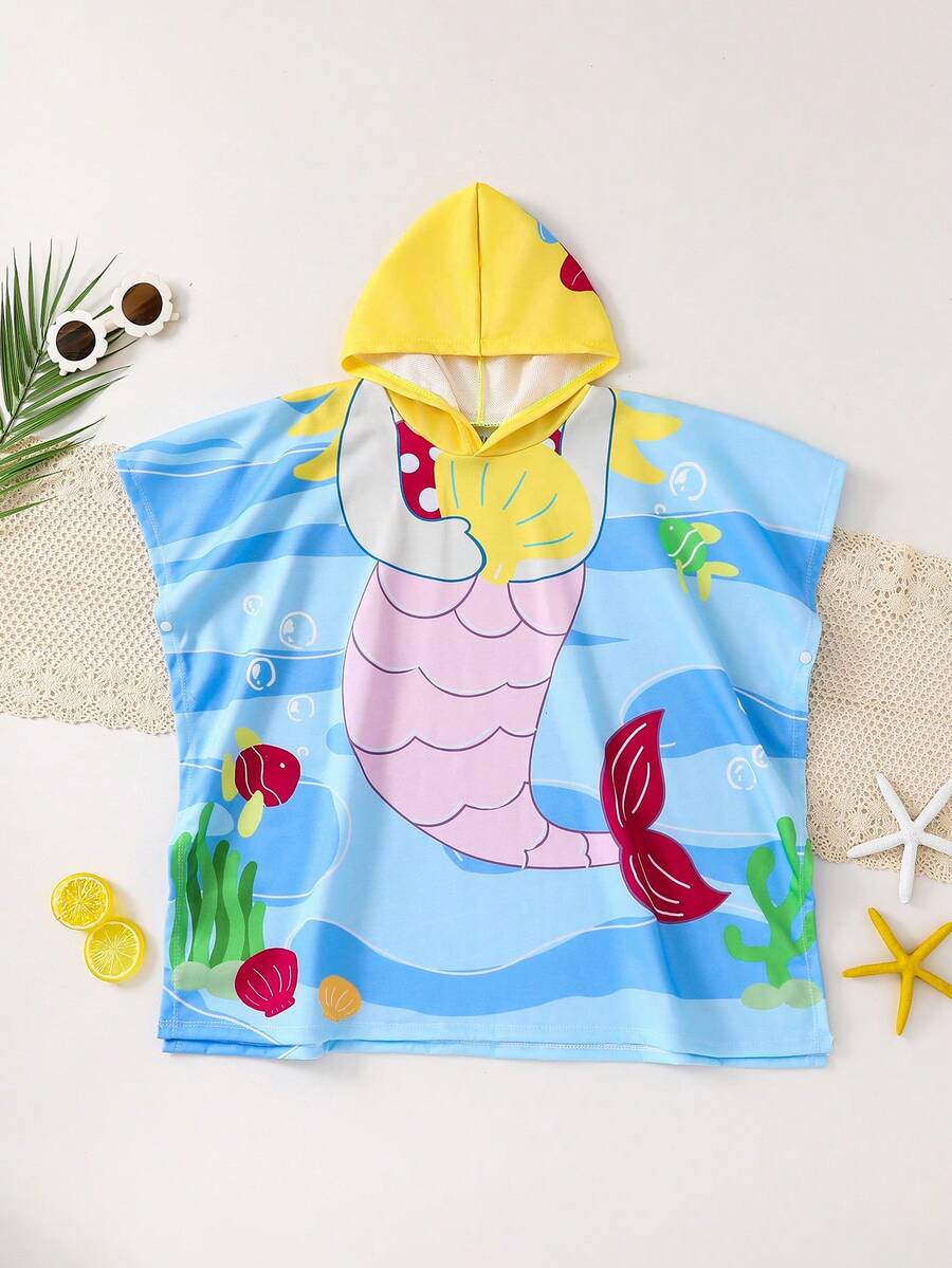 SHEIN Young Girl Casual Mermaid Print Hooded Cover Up