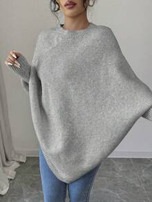 Elenzga Women's Asymmetrical Hem Oversized Crew Neck Pullover Sweater, Relaxed Fit, Soft & Comfortable Wool Blend, Suitable For Autumn/Winter - Light Grey - View 3