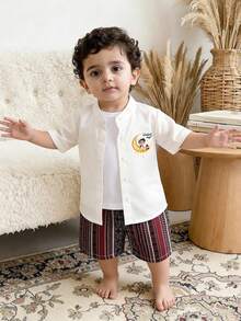 Baby Boy Cartoon Character Short Sleeve Button-Up Shirt And Geometric Print Shorts Casual Outfit - Multicolor - View 6