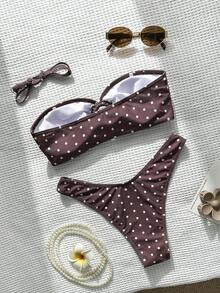 Swim Mod Bộ bikini hai mảnh ôm sát gợi cảm in chấm bi đen trắng mùa hè dành cho nữ. - màu nâu - Xem 2