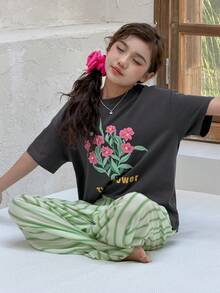 DAZY 2pcs Kids Girls Crew Neck Printed Short Sleeve T-Shirt + Striped Pants Casual Outfit Set - Dark Grey - View 7