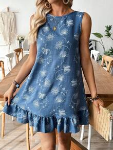 SHEIN Holidaya 无袖露背系带荷叶边下摆蓝色仿刺绣中长连衣裙 - 藍色 - 查看 3