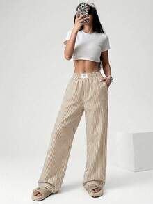 SHEIN EZwear 女士条纹织字刺绣阔腿裤 条纹裤 夏季女裤 条纹牛仔裤 阔腿夏季裤 - 卡其色 - 查看 3