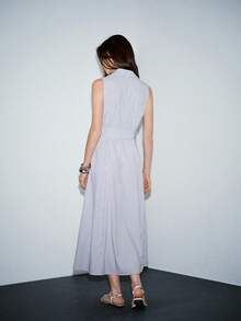 Lumivelle Women's New Striped Textured Shirt Collar Sleeveless Belted Casual Elegant Dress, Spring/Summer - Blue - View 2