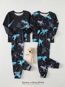 Cozy Pixies Bộ đồ ngủ 4 món cho bé trai, kiểu dáng ôm sát, họa tiết khủng long hoạt hình, áo thun dài tay cổ tròn mềm mại và quần dài cạp chun, 2 bộ. - màu đen - Xem 6