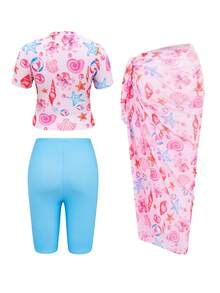 Swim Shayni 3pcs/Set Women's Pink Floral Print Round Neck Short Sleeve Top, Fitted Bermuda Shorts, And Long Mesh Skirt, Modest Swimsuit For Spring/Summer Vacation - Multicolor - View 7