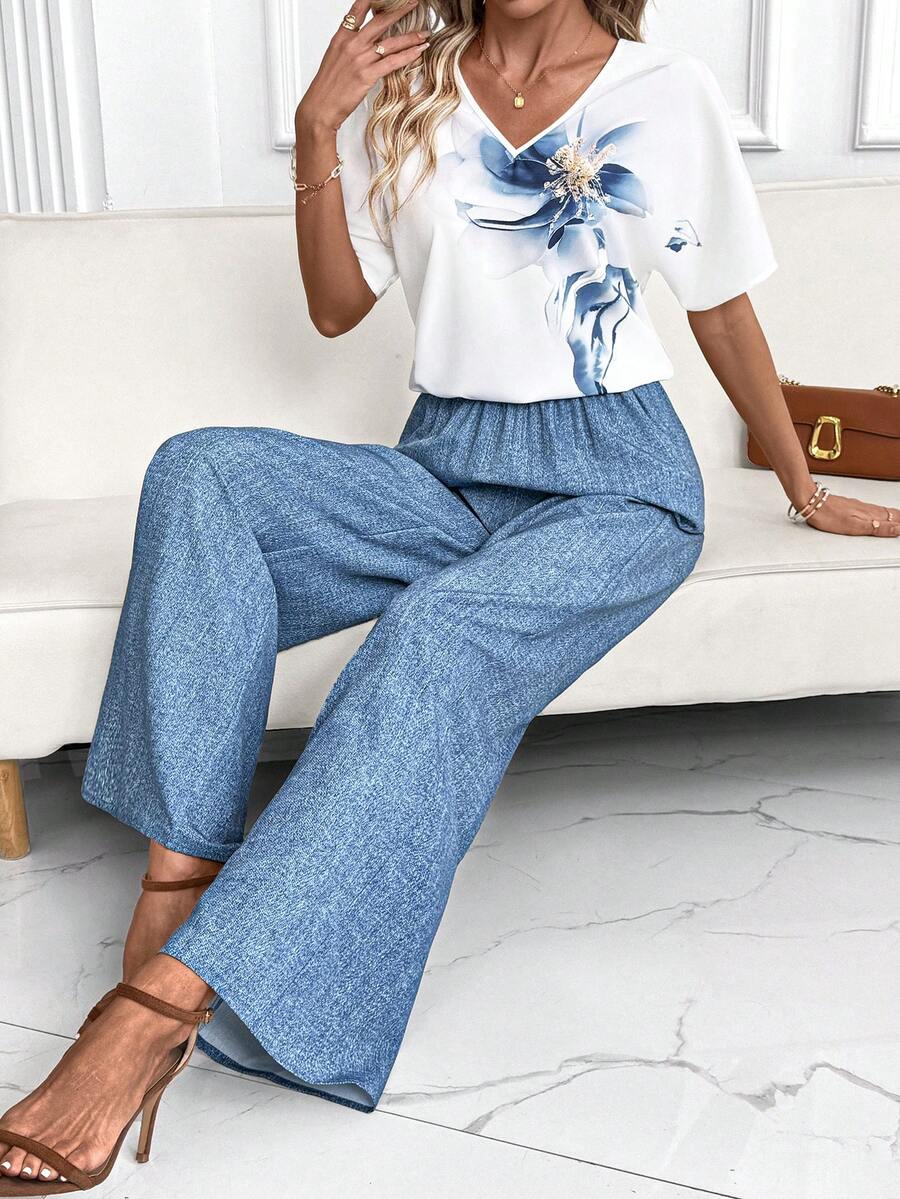 SHEIN Clasi 女士优雅V领上衣和阔腿裤树叶印花两件套 - 藍色 - 查看 1