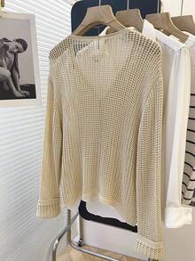 Franclia Casual Loose V-Neck Long Sleeve Hollow Knit Button Design Apricot Women Cardigan, Lightweight For Spring/Summer - Apricot - View 2