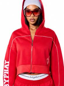 BABYPHAT 红色学院风Logo拉链短款连帽衫，女士街头时尚秋冬红色连帽衫，红色俱乐部短款拉链连帽衫，女士街头服饰 - 紅色 - 查看 6