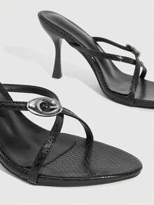 CUCCOO SZL Women's Metal Buckle Design Fashionable Elegant High Heel Slide Sandals - Black - View 6