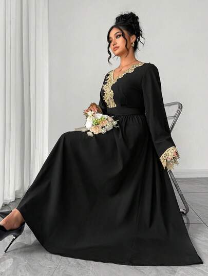 Elenzga Plus Size Women's Elegant V-Neck Gold Lace Patchwork Waist Cinched Long Sleeve Dress, Suitable For Spring/Summer, Back To School, Vacation, Graduation, Holidays, Valentine's Day, Christmas, Music Festivals, Mother's Day, Halloween, Thanksgiving, Easter, National Day, Balls, Dates, Parties, Weddings, Outdoor Activities Najma Dress Arabic Dress Black Abaya Modest Dress