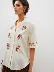 2026 Studio Camisa casual de mujer con decoración de bordado floral de manga corta - Blanco - Ver 4