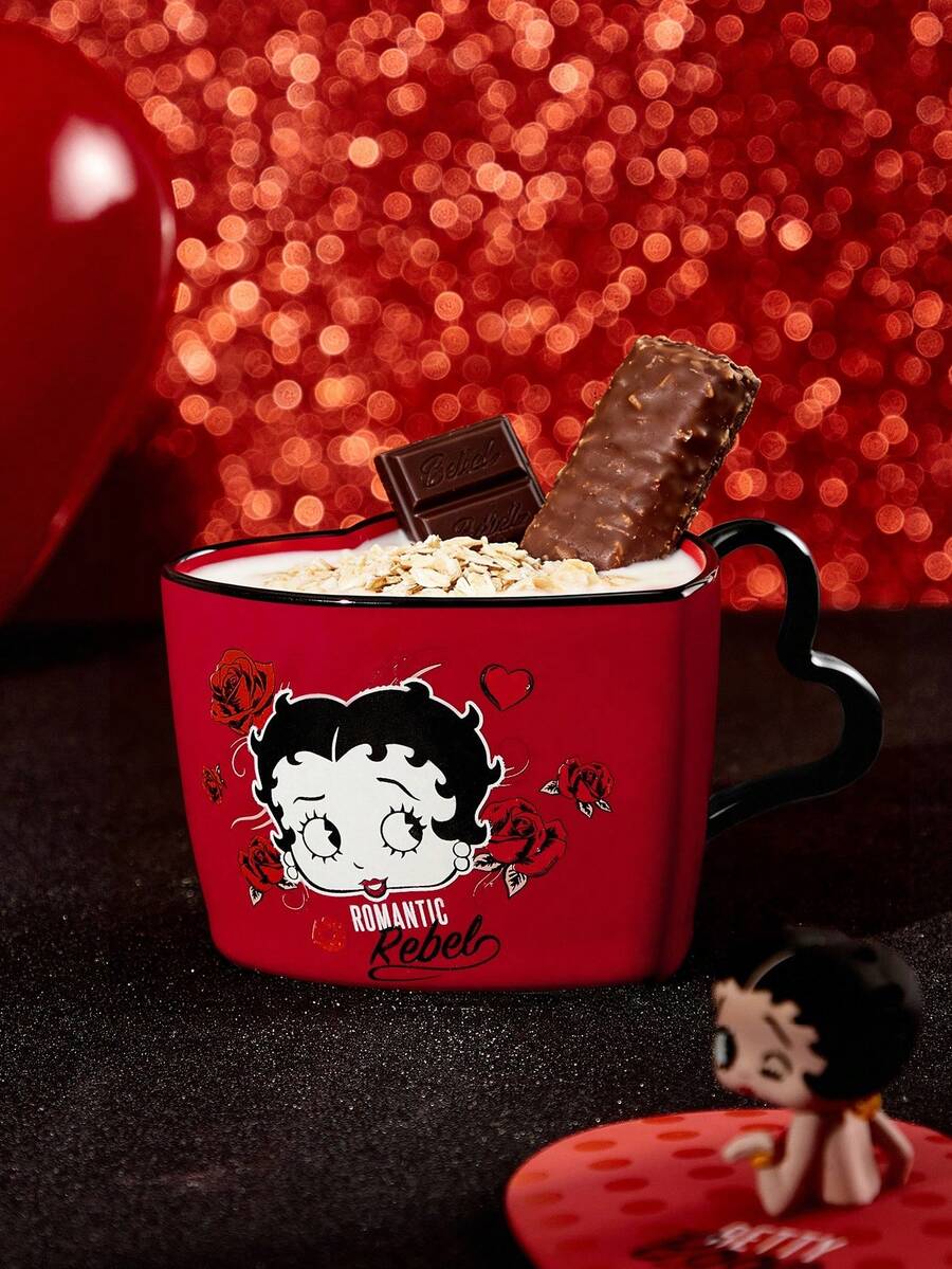 Betty Boop x SHEIN 400 Ml Cartoon Character Heart Floral Printed Ceramic Mug,,Gift Ideas,Party,Holiday,Valentine's Day - Burgundy - View 1