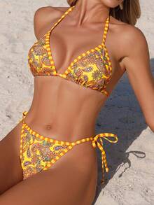 Swim Vcay Women's Random Print Halter Tie Crop Top & Knotted Side Thong Bikini 2-Piece Swimsuit, Spring/Summer - Multicolor - View 4