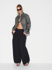 KIZN Oversized Faux Leather Field Jacket With Collar And Zip Front Closure For Fall Winter Outerwear - Dark Grey - View 5